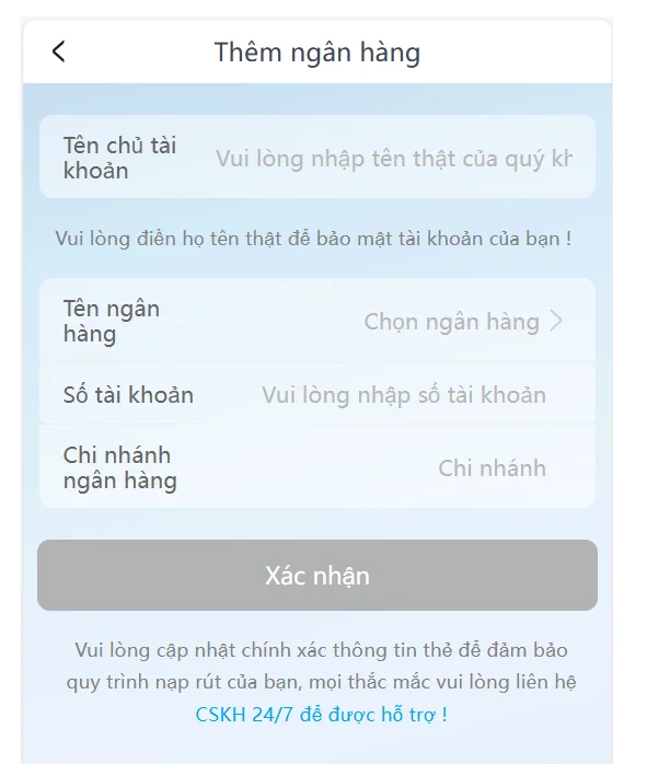 Thêm liên kết thẻ ngân hàng để rút tiền tại 868H