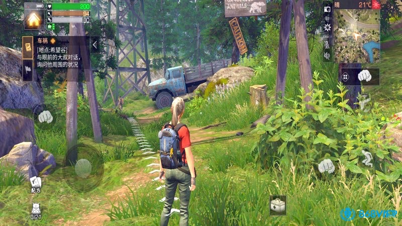 Cảnh chơi game sinh tồn mobile với nhân vật thu thập vật phẩm và đối mặt với hiểm nguy