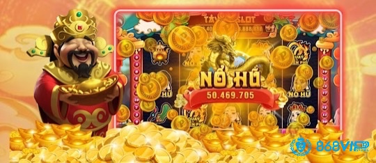 Biểu tượng nổ hũ Thần tài như Thần tài, đồng tiền vàng, và túi tiền đỏ tượng trưng cho tài lộc và may mắn