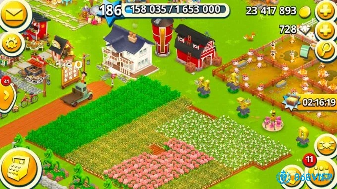 Giao diện nông trại trong Hay Day với các cây trồng, vật nuôi và biểu tượng kết nối cộng đồng.