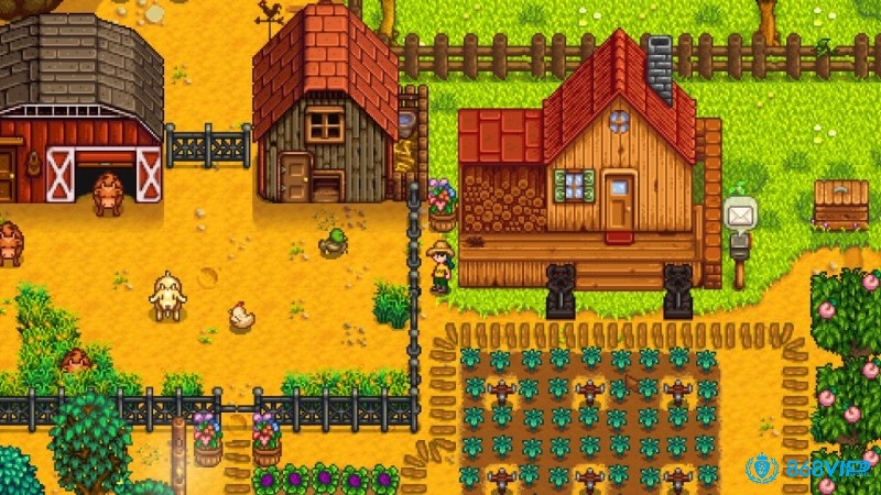 Giao diện pixel art quen thuộc của Stardew Valley với nông trại, làng quê và các hoạt động trồng trọt, câu cá.